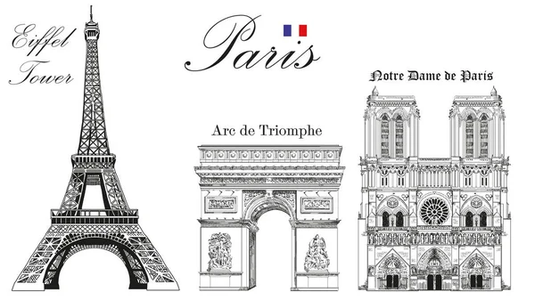 Vector Eiffel Tower, Triumphal Arch and Notre Dame Cathedral — Stock Vector