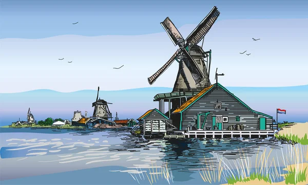 Watermill Amsterdam'da çizimi renkli vektör — Stok Vektör