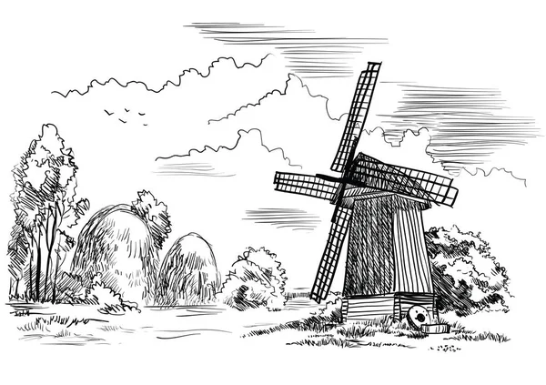 Landschaft mit einer Windmühle. Vektorillustration — Stockvektor