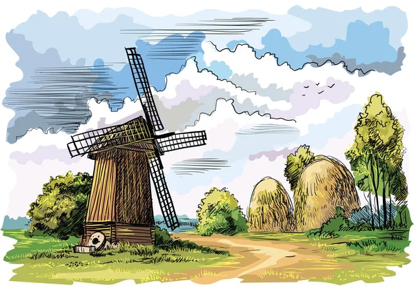 Colorful landscape with a windmill. Vector illustration — Stock Vector