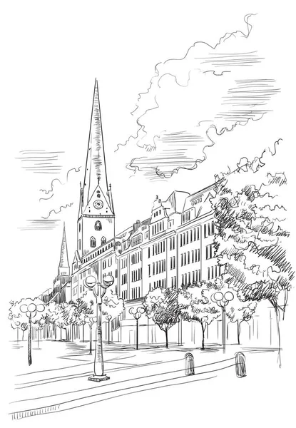 Vista de la Iglesia Hauptkirche Sankt Petri en Hamburgo — Vector de stock