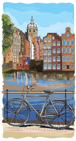 Bicicleta colorida em Amsterdam — Vetor de Stock
