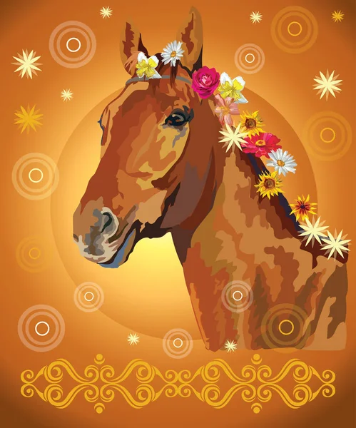 Horse portrait with flowers 34 — Stock Vector