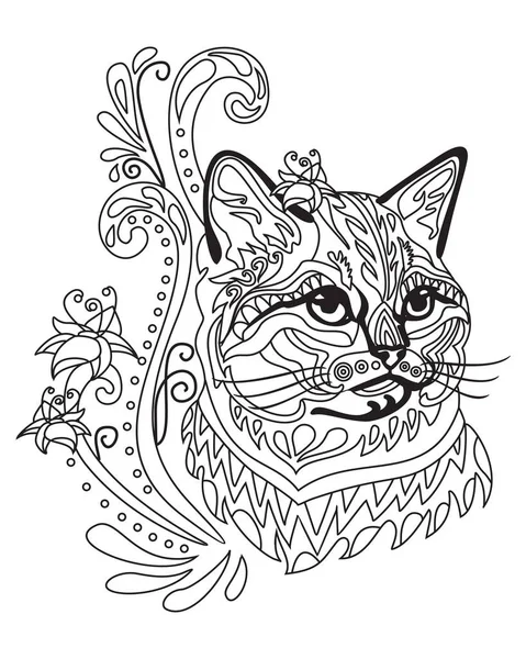 doodle antistress para colorir com gato no copo. flores abstratas, frutas e  doces. gatinho kawaii dos desenhos animados. delinear a ilustração em vetor  preto e branco. hora do chá. livro de colorir
