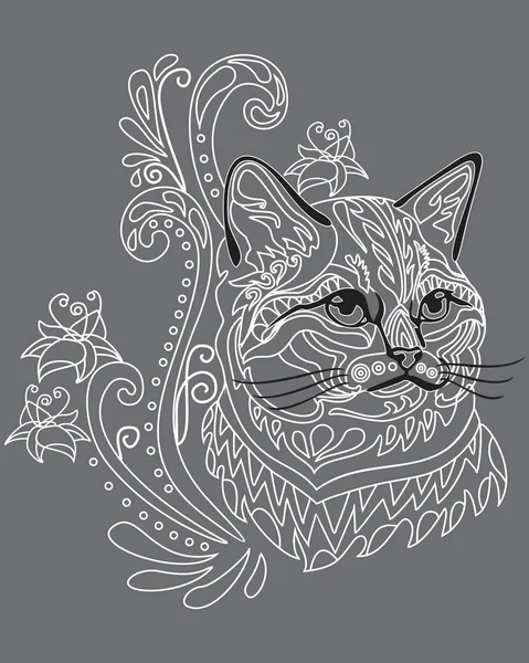 Monocromático Abstrato Doodle Ornamental Retrato Gato Fofo Ilustração Vetorial Decorativa — Vetor de Stock