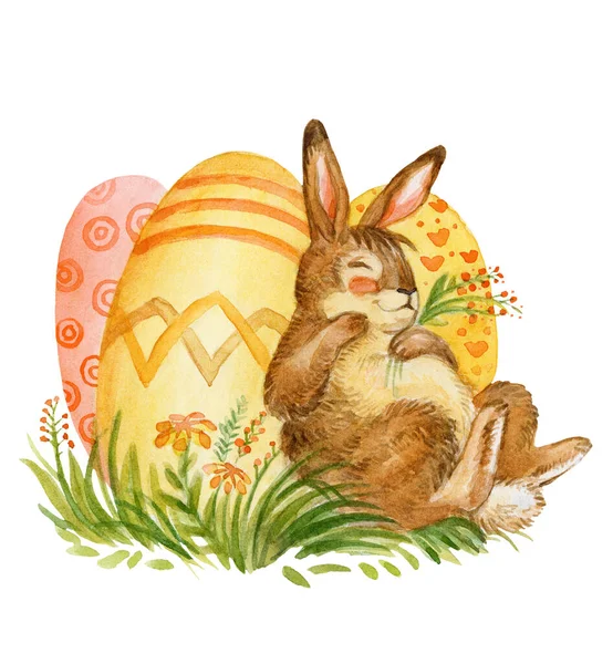 Watercolor Illustration Slipping Rabbit Easter Eggs Ang Flowers Stock Illustration — Stock Photo, Image