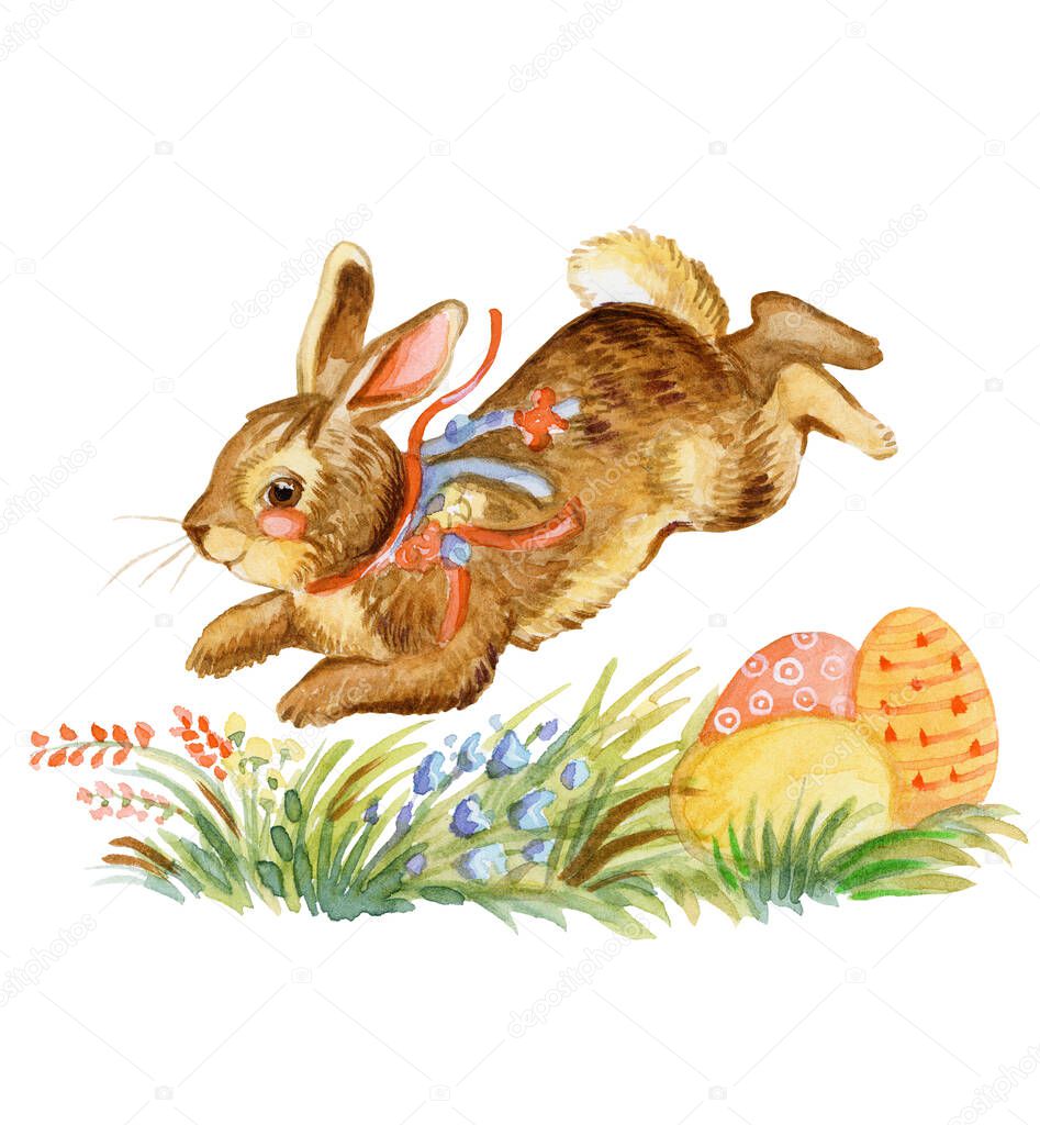 Watercolor illustration of a jumping rabbit, easter eggs and flowers, stock illustration. Easter bunny characters vintage illustration isolated on white background. Easter concept. 