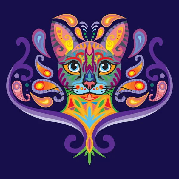 五颜六色的装饰斑纹涂鸦猫的装饰画 在深蓝色背景上孤立的不同颜色的装饰抽象向量图解 设计和纹身用的库存图解 — 图库矢量图片