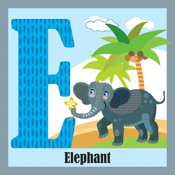動物のアルファベットのベクトル漫画のフラッシュカード 手紙E 手紙Eと象のベクトル文字のカラフルな漫画のイラスト 明るい色動物園野生動物のイラスト かわいいフラット漫画スタイル ストックイラスト — ストックベクタ