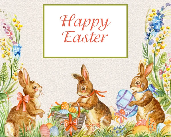 Happy Easter. Watercolor illustration of  Easter rabbits haracters, eggs, flowers and green grass. Horizontal colorful Easter illustration. For postcards, design. Easter concept.