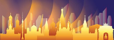 Panoramic Moscow skyline travel illustration with main architectural landmarks. Worldwide traveling concept. Moscow city landmarks, colorful gradient russian tourism and journey vector background. clipart