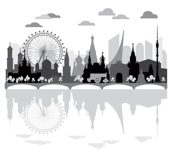 Moscú Skyline Viaje Ilustración Con Monumentos Arquitectónicos Reflexión Agua Concepto — Vector de stock