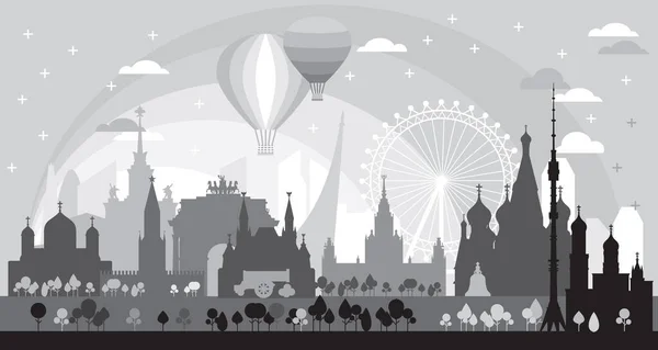 Moskva Skyline Resa Illustration Med Arkitektoniska Landmärken Vid Soluppgången Världsomspännande — Stock vektor