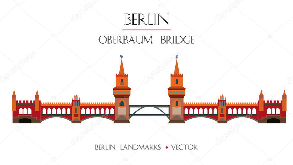 Colorful vector Oberbaum Bridge front view, famous landmark of Berlin, Germany. Vector flat illustration isolated on white background. Berlin travel concept. Stock illustration