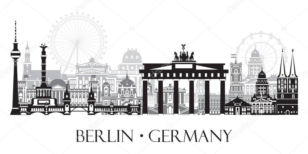 Horizontal vector illustration of Berlin cityscape skyline, Germany. Monochrome isolated illustration. Berlin travel concept. Panoramic illustration of landmarks of Berlin at night. Stock illustration