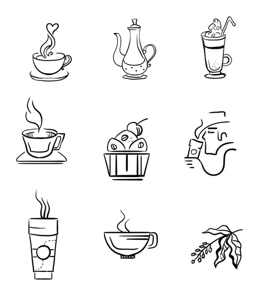 Uppsättning Vektor Kaffe Ikoner Isolerad Vit Bakgrund Handritning Kaffe Illustrationselement — Stock vektor