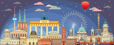 Yatay renkli Berlin seyahat çizelgesi. Alacakaranlık zamanında mimari simgelerle. Berlin 'in ön görüntüsü seyahat konsepti. Berlin 'in panoramik düz çizimi. Stok illüstrasyonu
