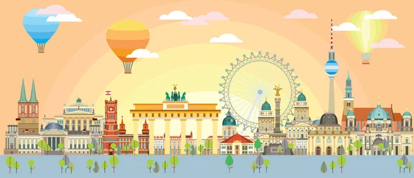 Horizontal Colorido Berlim Viagem Plana Ilustração Com Marcos Arquitetônicos Hora — Vetor de Stock