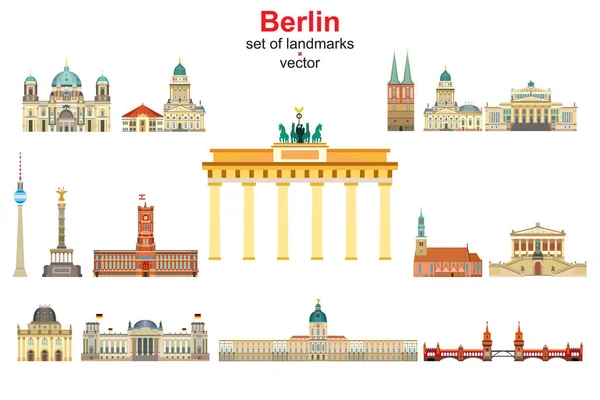 Colorful vector set of landmarks of Berlin, Germany. Flat vector colorful illustration of attractions of Berlin front view isolated on white background. Vector icon, building outline travel concept. Stock illustration