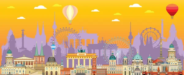 Panorama Berlin Skyline Resa Illustration Med Viktigaste Arkitektoniska Landmärken Platt — Stock vektor