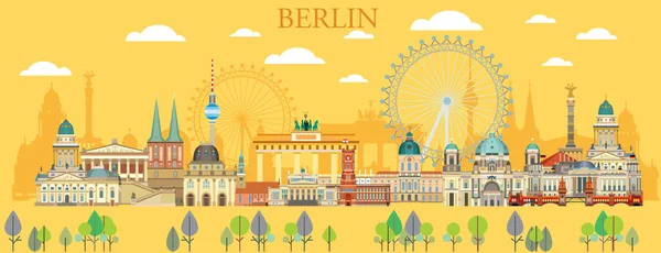 Panorâmica Colorido Berlim Viagem Ilustração Com Marcos Arquitetônicos Verão Fundo —  Vetores de Stock