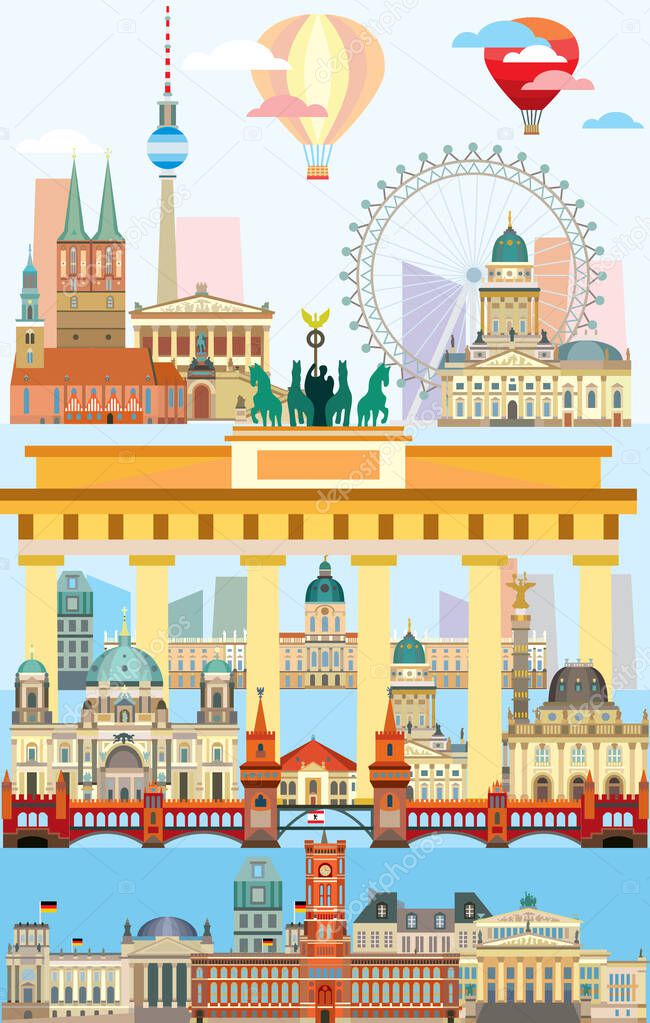 Vertical Berlin skyline travel illustration with main architectural landmarks in flat style. Berlin city landmarks colorful german tourism and journey vector poster. Stock illustration