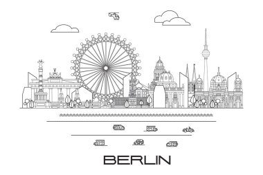 Berlin, Almanya 'nın simgelerinin vektör çizgisi çizimi. Berlin silueti tek renkli vektör çizimi beyaz arka planda izole edildi. Vektör ikonu, ana hatları oluşturma. Alman turizm vektörü konsepti. Stok illüstrasyonu.