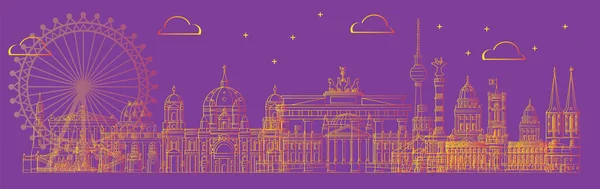 Horizontal Vector Line Art Illustration Landmarks Berlin Alemanha Berlim Skyline — Vetor de Stock