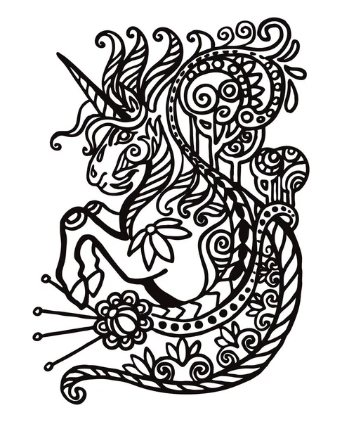 Tangan Vektor Menggambar Zentangle Doodle Mewarnai Antistres Dengan Unicorn Ornamental - Stok Vektor