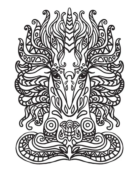 Vector Zentangle Doodle Colorir Antistress Com Retrato Unicórnio Ornamental Isolado — Vetor de Stock