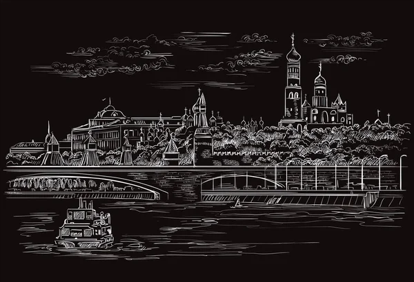 Vektör Monokrom Çizimi Kremlin Çizimi Moskova Rusya Daki Nehir Setinin — Stok Vektör