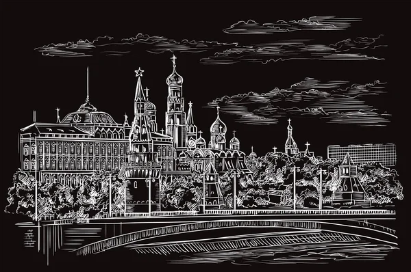 Vector Monochrome Schets Hand Tekening Illustratie Van Het Kremlin Moskou — Stockvector