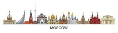 Panoramik renkli Moskova ufuk çizgisi seyahat çizelgesi. Mimari manzarası sanat tarzında ön planda. Yatay Rus turizmi ve seyahat vektörü arka planı. Stok illüstrasyonu