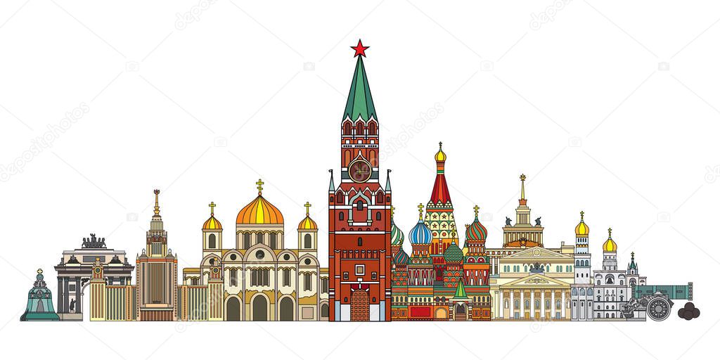Panoramic colorful Moscow travel illustration with architectural landmarks front view in line art style isolated on white background. Skyline russian tourism and journey vector background. Stock illustration