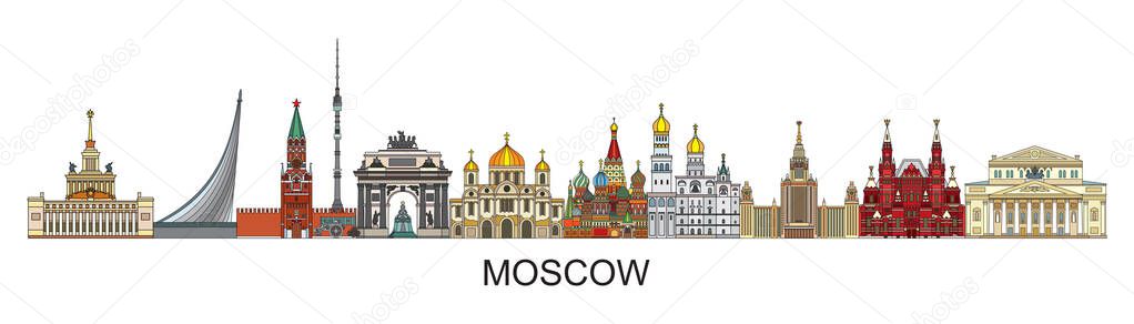 Panoramic colorful Moscow skyline travel illustration with architectural landmarks front view in line art style. Horizontal russian tourism and journey vector background. Stock illustration
