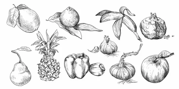 Juego Dibujo Mano Frutas Verduras Dibujo Vectorial Ilustración Color Negro — Archivo Imágenes Vectoriales