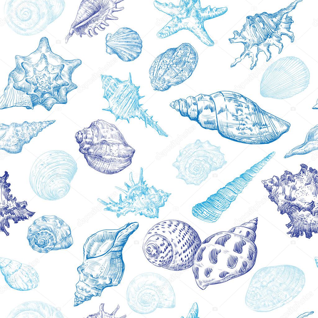 Seamless pattern with hand drawing sketch seashells. Vector illustration of seashells in blue color isolated on white background. Design travel summer vintage pattern. Stock illustration for art and design