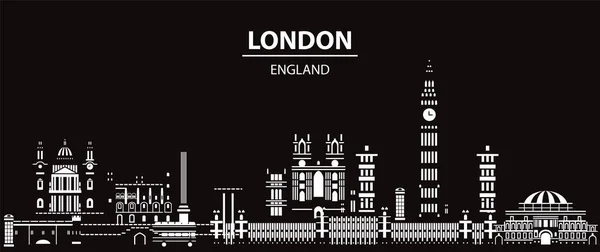 Vector panoramic London skyline travel illustration. London city landmarks in white color in black background. Worldwide tourism and journey traveling concept.Stock illustration