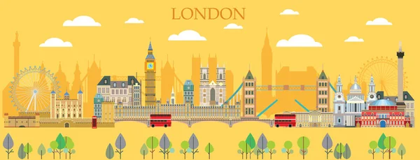 Horizontaal Londen Reizen Kleurrijke Illustratie Met Architectonische Bezienswaardigheden Panoramische Platte — Stockvector