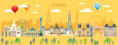 Paris ufuk çizgisi çizimi. İzole edilmiş Paris işaretleri, Fransız turizmi ve baskı, tişört ve hediyelik eşya için seyahat vektör arka planı olan renkli bir yaz tasarımı. Dünya çapında seyahat kavramı. 