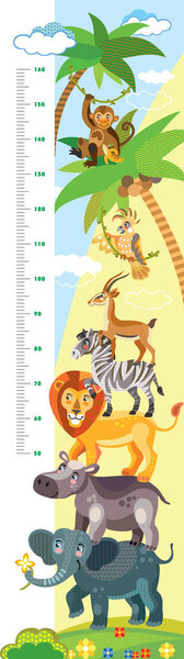 Height meter with pyramid of African animals vector cartoon illustration in flat style. Vector vertical scale measurement with cute wild animals for children. Great for printed products and souvenirs.