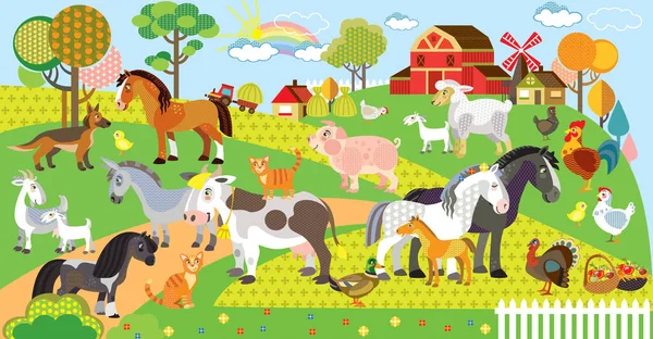 Farm Animals Vector Cartoon Illustration Flat Style Vector Horizontal Set — Stock Vector