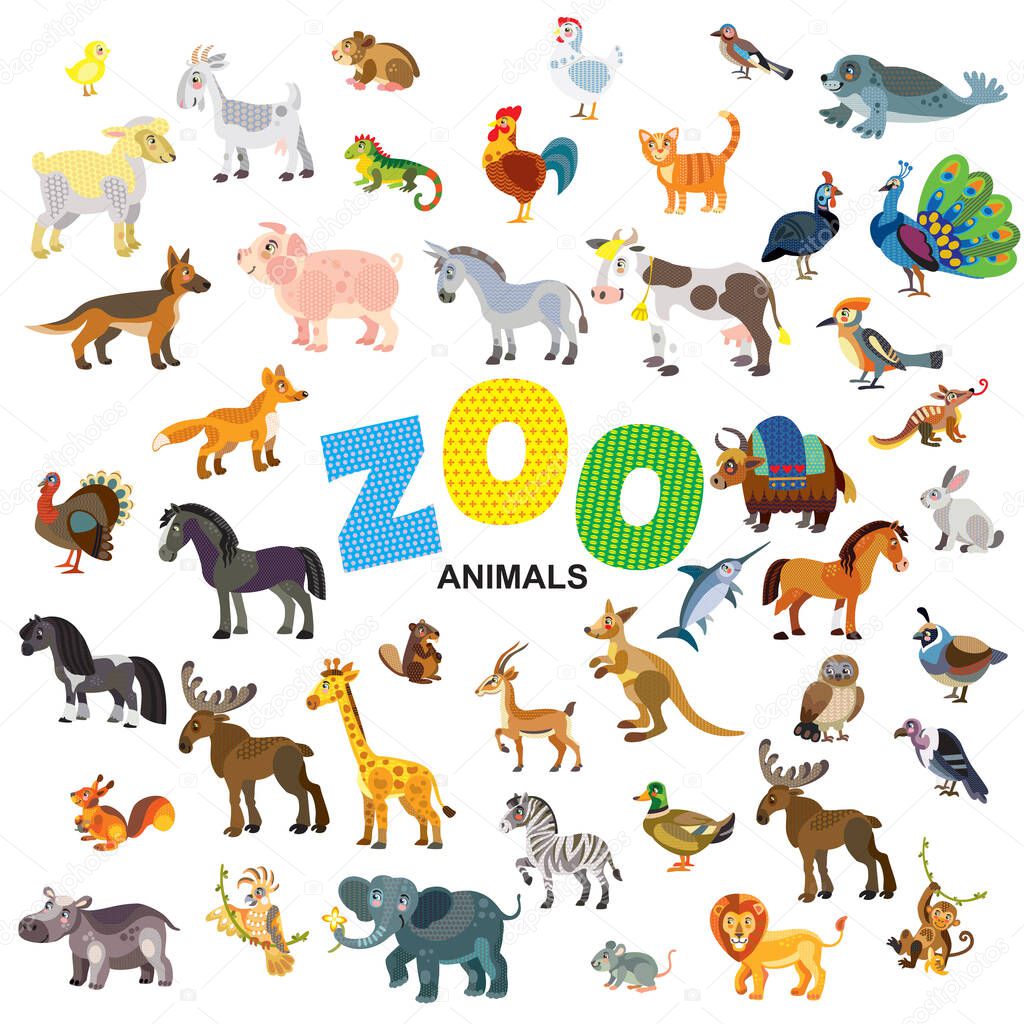 Zoo animals in front view and side view large vector cartoon set in flat style isolated on white background. Vector illustration of animals for children. Great for children's designs, printed products and souvenirs.