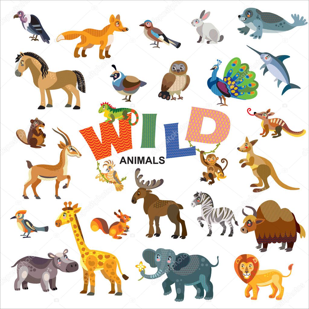 Wild animals in front view and side view large vector cartoon set in flat style isolated on white background. Vector illustration of animals for children. Great for children's designs, printed products and souvenirs.