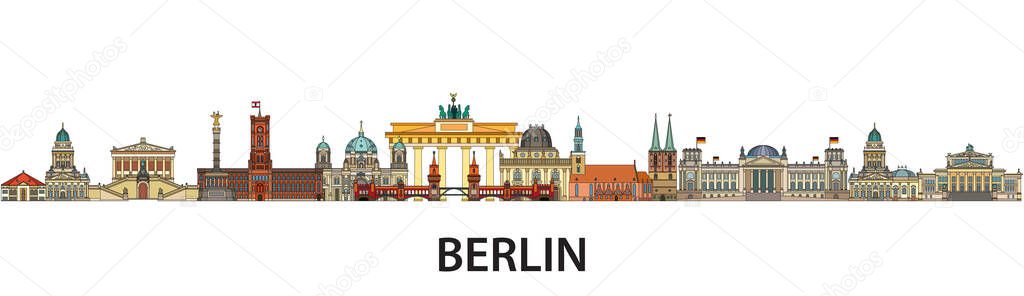 Colorful vector skyline of Berlin, Germany in  line art style. Flat vector isolated colorful panoramic illustration of main landmarks of Berlin front view. Vector icon, building outline travel concept.