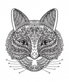 Картина, постер, плакат, фотообои "vector decorative doodle ornamental head of cat. abstract vector illustration of cat black contour isolated on white background. stock illustration for coloring, design and tattoo. ", артикул 374560902