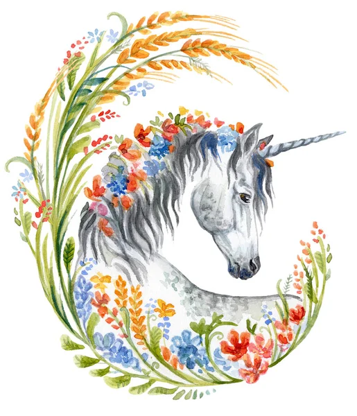 Gray Unicorn Mencari Profil Dalam Bingkai Bunga Gandum Ilustrasi Cat — Stok Foto