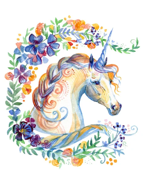 Unicorn Mencari Profil Dalam Bingkai Bunga Musim Semi Ilustrasi Cat — Stok Foto