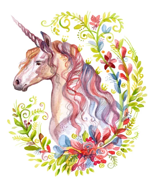 Unicornio Mágico Que Mira Perfil Marco Floral Primavera Ilustración Acuarela —  Fotos de Stock