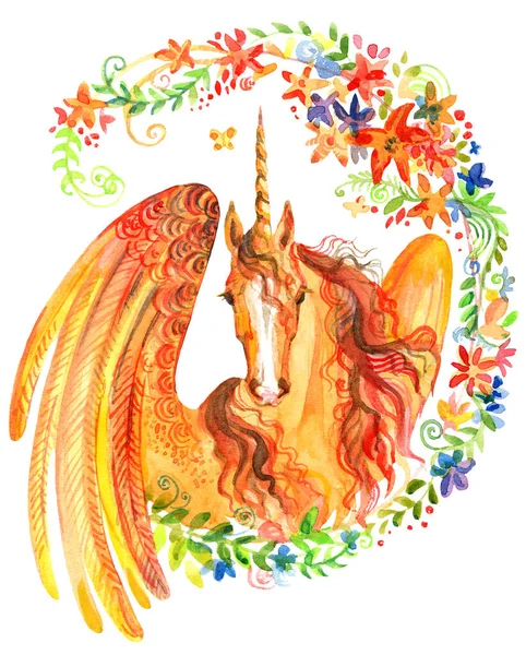 Unicornio Con Alas Marco Floral Ilustración Acuarela Aislada Sobre Fondo —  Fotos de Stock